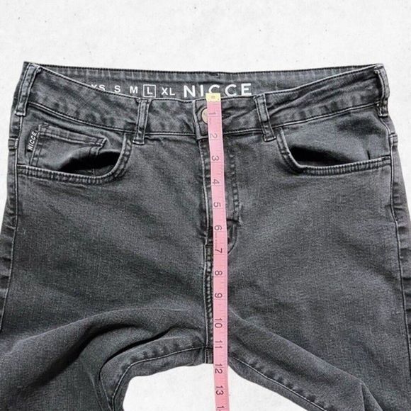 NICCE Men’s Sz L 32" Waist Washed Black Skinny Fit Jeans Back Logo RIPPED!‎ - Picture 13 of 14